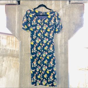 VINTAGE Rainbow Floral Navy Button Up Sheath Dress